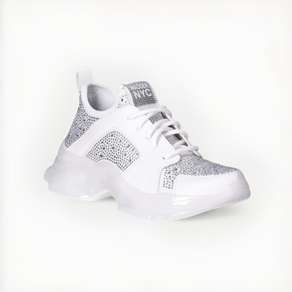 STEVE MADDEN NYC Size 8.5 White Silver Shiny Bling Fashion Sneaker Shoes Sneaker